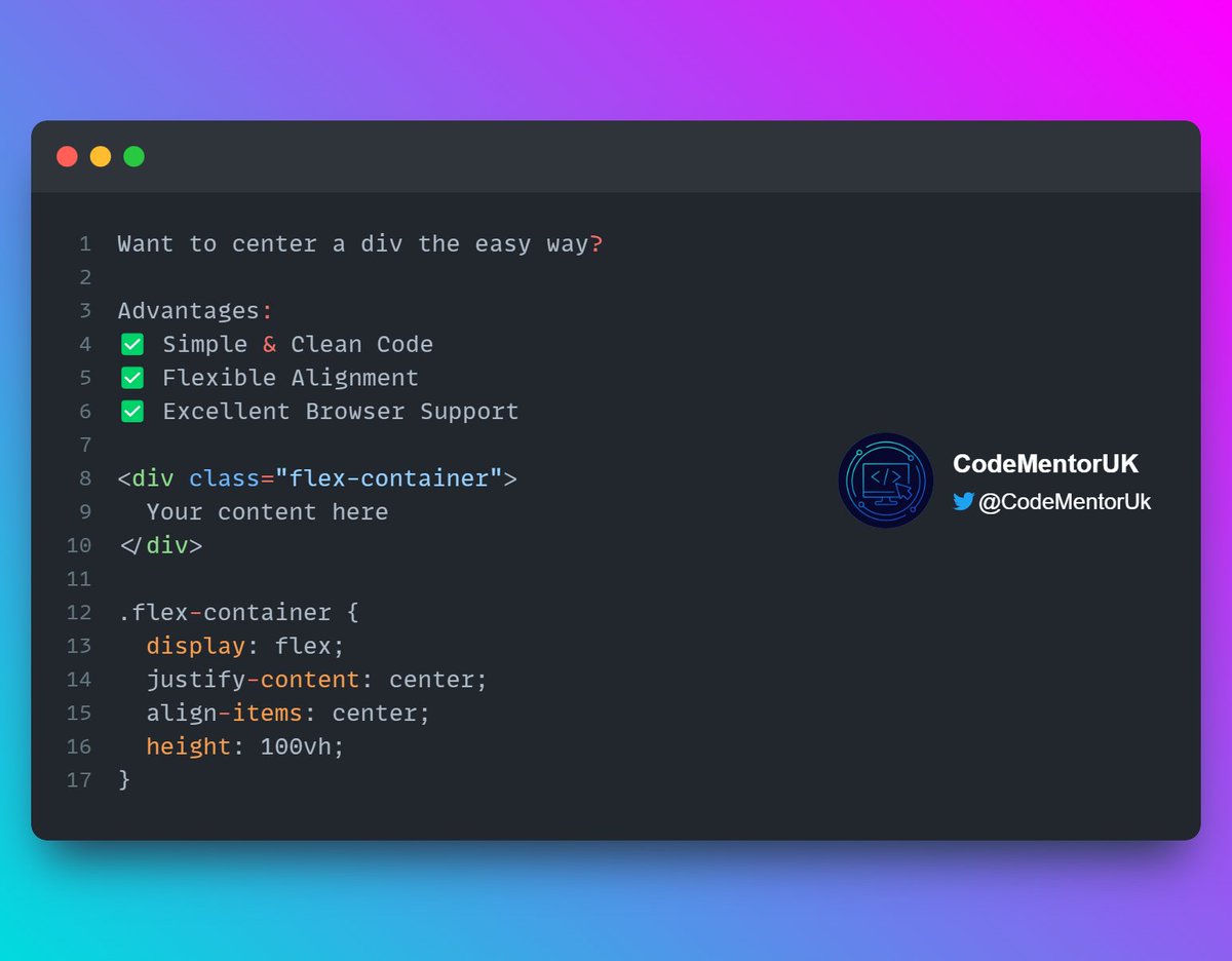 DevBillyM's tweet image. 📣 Want to center a div the easy way? Try Flexbox! 🎯
Advantages: ✅ Simple & Clean Code ✅ Flexible Alignment ✅ Excellent Browser Support
Check out this example! 👇
#CSS #Flexbox #WebDevelopment #CodingTips #100DaysOfCode