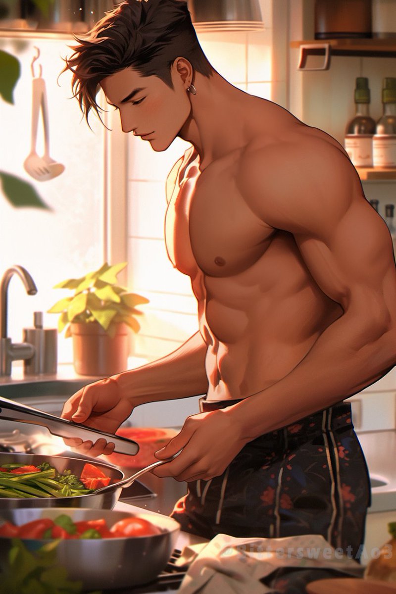 #AIart #AIArtworks #nijijourney 
Dinner time! Anyone else wondering what he's cooking?