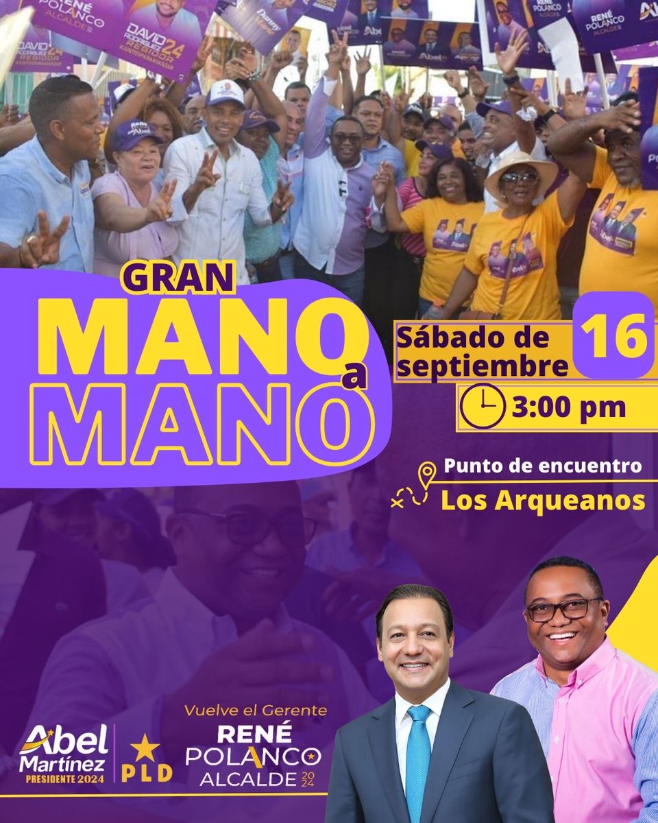 circ6pldsdn's tweet photo. Gran mano a mano con el próximo alcalde de SDN René Polanco, por un camino mejor y al rescate de la alcaldía “Vuelve el gerente”.    

Sábado 16 de septiembre  
3 de la tarde  
Punto de salida los Arqueanos, Villa Mella.  

#RenePolanco  #VuelveElGerente  #PLD https://t.co/0QX8lGGVX3