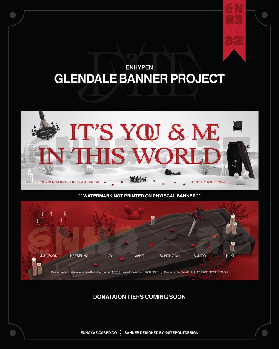 ENHAxAZ's tweet photo. !! AZENGENE !! 

We’re so excited to reveal the design for our banner!

GOAL: 15,000 printed banners!!

Donation tiers will open today @ 6PM (MST)!!

Donation info to follow…

#ENHYPENinGLENDALE 
#ENHYPEN #EHYPENinAZ #ENHAxAZ #EN_WORLDTOUR_FATE #ENHYPEN_FATE #FATE_IN_US https://t.co/BpqkMG1VhO