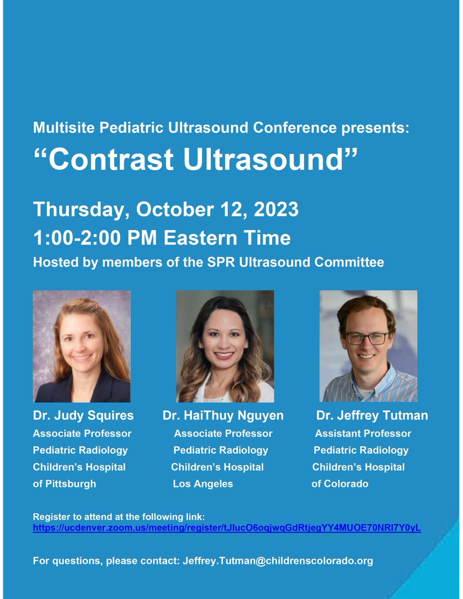 Registration is now open for the next Multisite #Pediatric #Ultrasound Conference with discussion of Contrast Ultrasound led by @joodysquires  #imagingourfuture 

Thursday, October 12th at 11am MT/1pm ET

Register at the following link: ucdenver.zoom.us/meeting/regist…