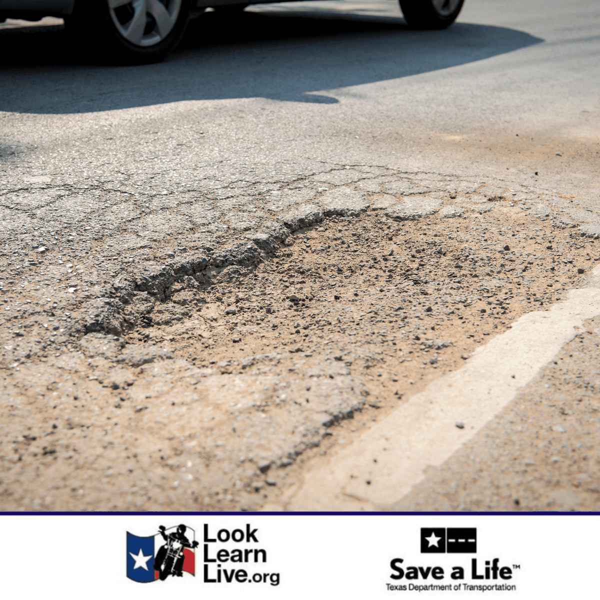 LookLearnLive's tweet photo. #Riders: Keep an eye out for road hazards like potholes, gravel and debris that could cause a crash. #LookLearnLive #RiderTip https://t.co/vra23AwsjF