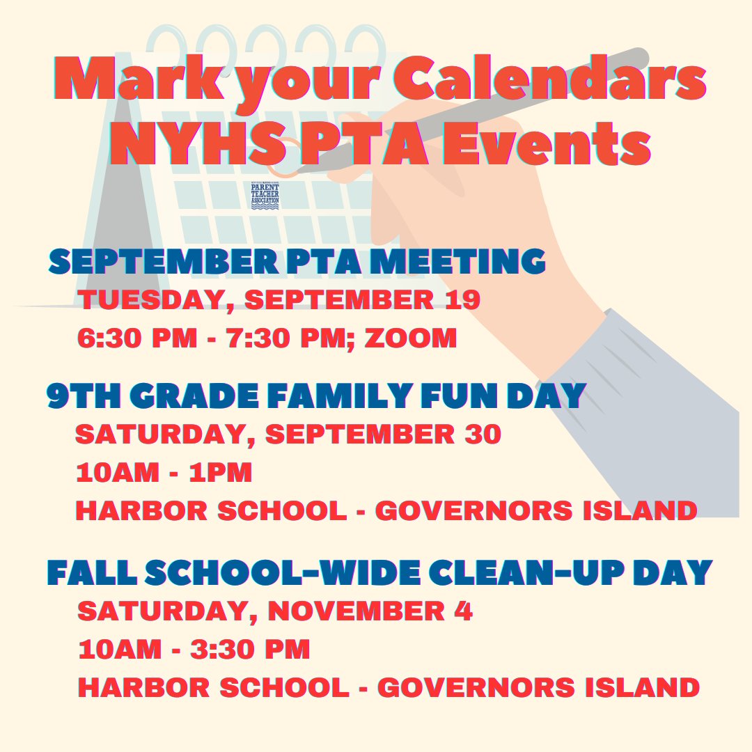 New York Harbor School PTA (@nyharborpta) on Twitter photo Don't miss out on exciting events, NYHS families! Save the dates!
๐Sep 30: 9th-grade & new 10th-grade Family Fun Day <a href="/Gov_Island/">Governors Island</a>! Scavenger hunt, prizes, and bonding!
๐ Nov 4: Harbor-style meet-up & clean-up. Join the fun!
Details at our Sept 19 PTA Zoom meeting! ๐๐ข Don't miss out on exciting events, NYHS families! Save the dates!
๐Sep 30: 9th-grade & new 10th-grade Family Fun Day <a href="/Gov_Island/">Governors Island</a>! Scavenger hunt, prizes, and bonding!
๐ Nov 4: Harbor-style meet-up & clean-up. Join the fun!
Details at our Sept 19 PTA Zoom meeting! ๐๐ข