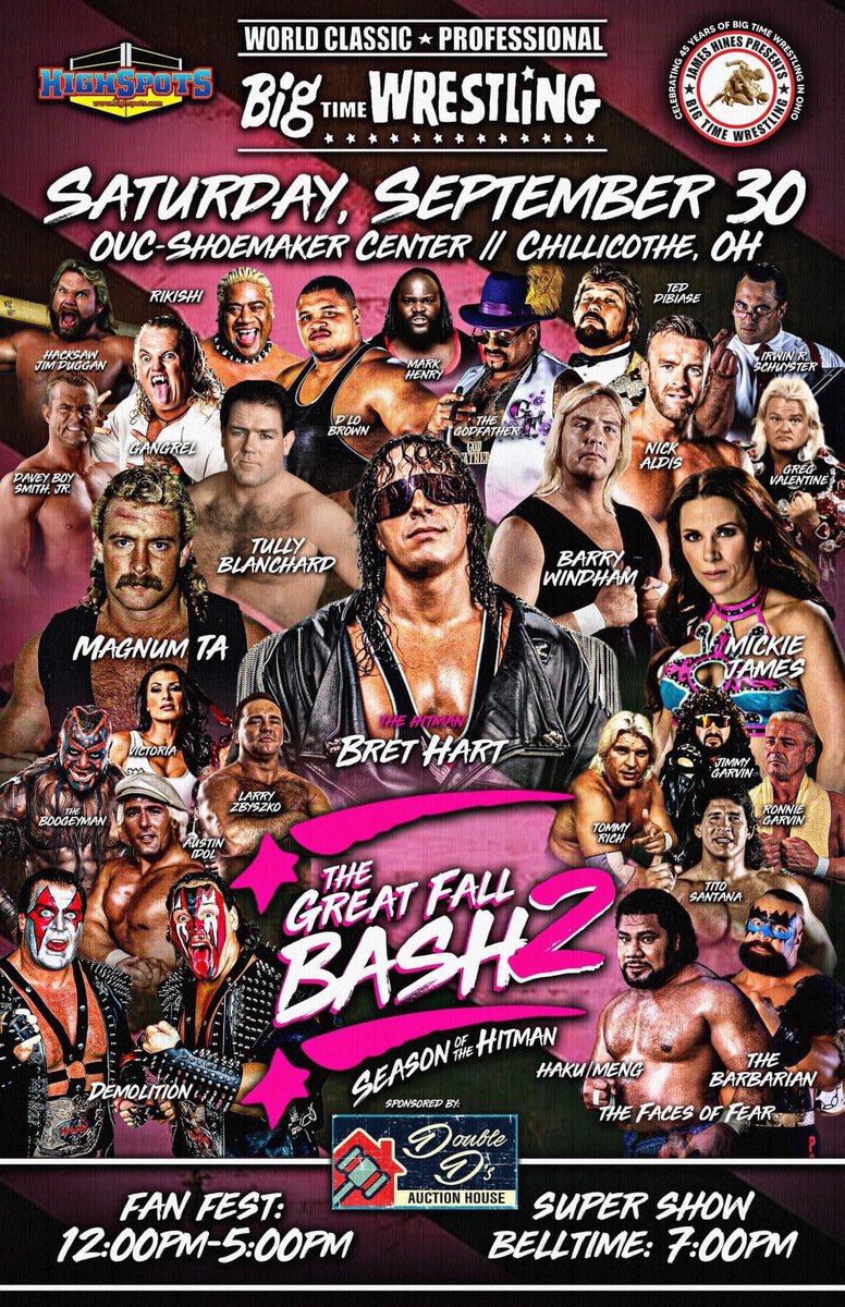 Please RT!
Sat Sep 30 @ OU-Shoemaker Center Chillicothe, Big Time Wrestling Great Fall Bash 2 feat Bret Hart &amp; over 30+ HOFers, Legends &amp; Stars incl. Mickie James, Mark Henry, Godfather, Rikishi, Hacksaw Duggan &amp; more! Fan Fest 12-5 &amp; Super Show @ 7! 
🎫: bpt.me/event/6001484!