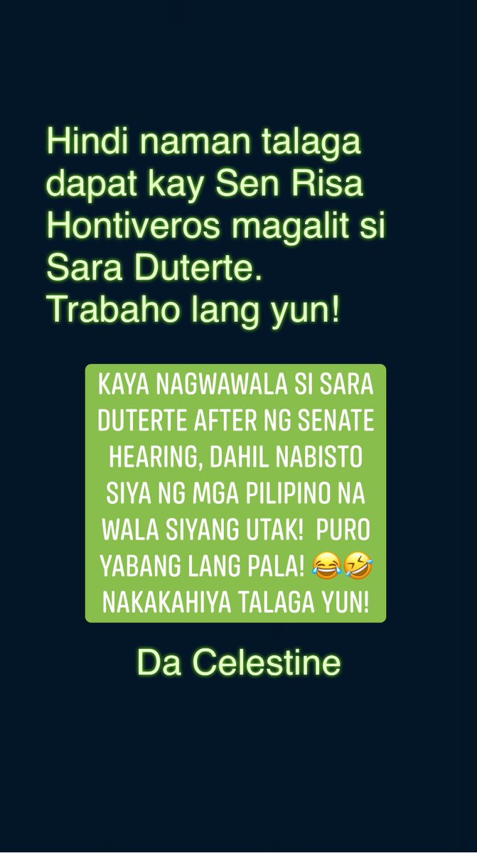 Celestine_DKila's tweet photo. GINAGAWANG SHOCK ABSORBER NI SARA DUTERTE SA PAGKAPAHIYA NYA SA SENATE HEARING SI SEN RISA HONTIVEROS. HINDI UMUBRA PAGIGING SIGA NYA. 

SA LANTAD NA KATAKAWAN NYA SA PERA NG MGA PILIPINO, AND WANTS TO BULLY SEN RISA, GOD PULLED HER DOWN! 
😂🤣😂🤣😂🤣 https://t.co/OkC1e6QAZB