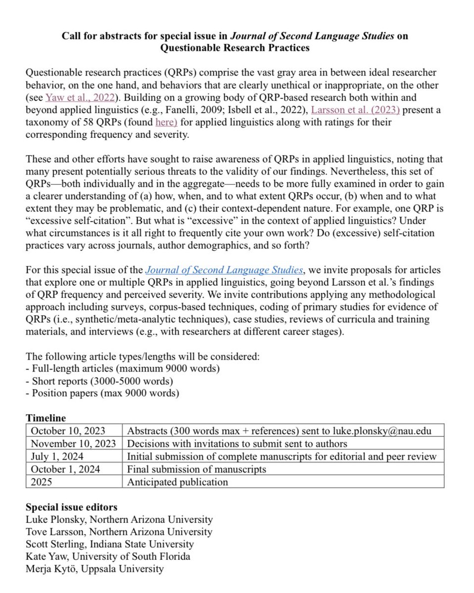 🚨Call for papers!🚨
We are guest editing a Special Issue on Questionable Research Practices (QRPs) in applied linguistics for the Journal of Second Language Studies. 

Please consider contributing! More information about QRPs can be found on our website: sites.google.com/view/qrp-human…