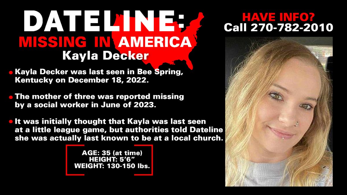 Today is Kayla Decker’s 36th birthday and she should be celebrating with her three young sons. Instead, she’s been missing for nearly 10 months from Bee Spring, Kentucky. Do you know what happened to Kayla? #Dateline nbcnews.com/dateline/missi…