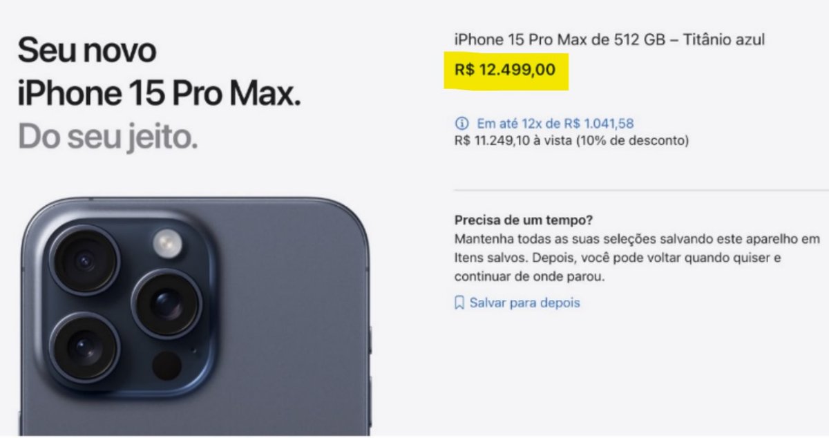 RubinhoNunes's tweet photo. Iphone 15 Pro Max nos EUA: R$ 5.940
Iphone 15 Pro Max no Brasil: R$ 12.499

Já agradeceram o Lula e o Haddad? https://t.co/A1SvV0dNk3