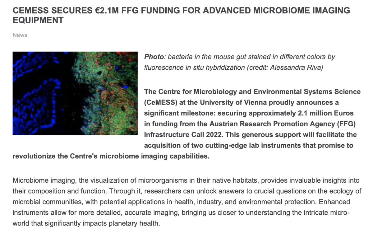 MichiWagner4's tweet photo. Many thanks to the Austrian Research Promotion Agency (FFG) for € 2.1 Mio funding for advanced #microbiome imaging for the Centre for Microbiology and Environmental Systems Science (#CeMESS) @univie
https://t.co/MrwKCOGql6 https://t.co/xQWS6qPKZx
