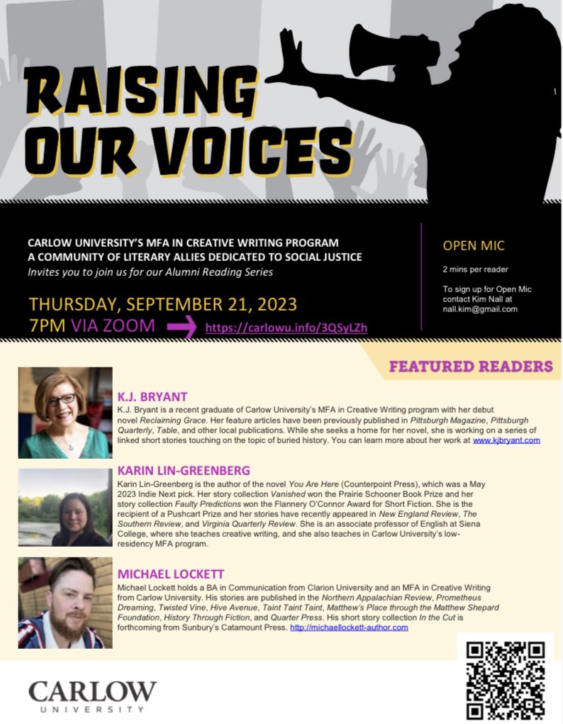 📣The  <a href="/CarlowU/">Carlow University</a> #raisingourvoices reading is coming up with #fiction #mentor <a href="/klingreenberg/">Karin Lin-Greenberg</a> and #mfaalumni Karen Bryant and Michael Lockett.

Sign ⬆️ for the #openmic at nall.kim@gmail.com and register for the event at carlow.info/3QSyLZh

keep reading for a reader spotlight!