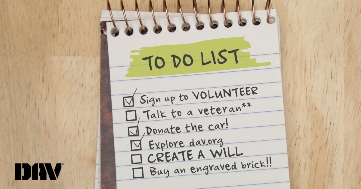 DAVHQ's tweet photo. Want to be more involved with DAV? Try checking a few boxes off this to-do list ✔️ Click here to learn all of the different ways you can support DAV: https://t.co/Ovn3IowWI6.

#DAV #SupportVeterans #IHelpVeterans https://t.co/tbzEw2EqCv