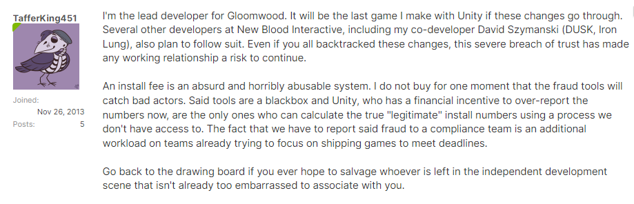 TafferKing451's tweet photo. Replied to that feedback thread. Gloomwood will definitely be my last Unity game, likely even if they roll back the changes. https://t.co/h1UIh9e7mn
