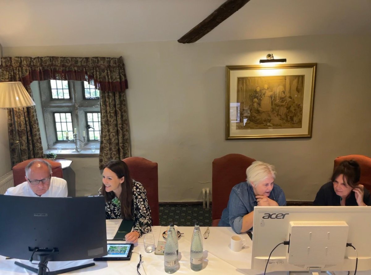 Judging underway today shortlisting entries for our 60th Anniversary Art Contest. Over 500 entries to go through, so please bear with us 😀 Judges left to right: Paul Dene Marlor (Artist), Jo Bird (Illustrator), Sally Wainwright OBE (Writer/Director), Gail Moss (hotel owner)