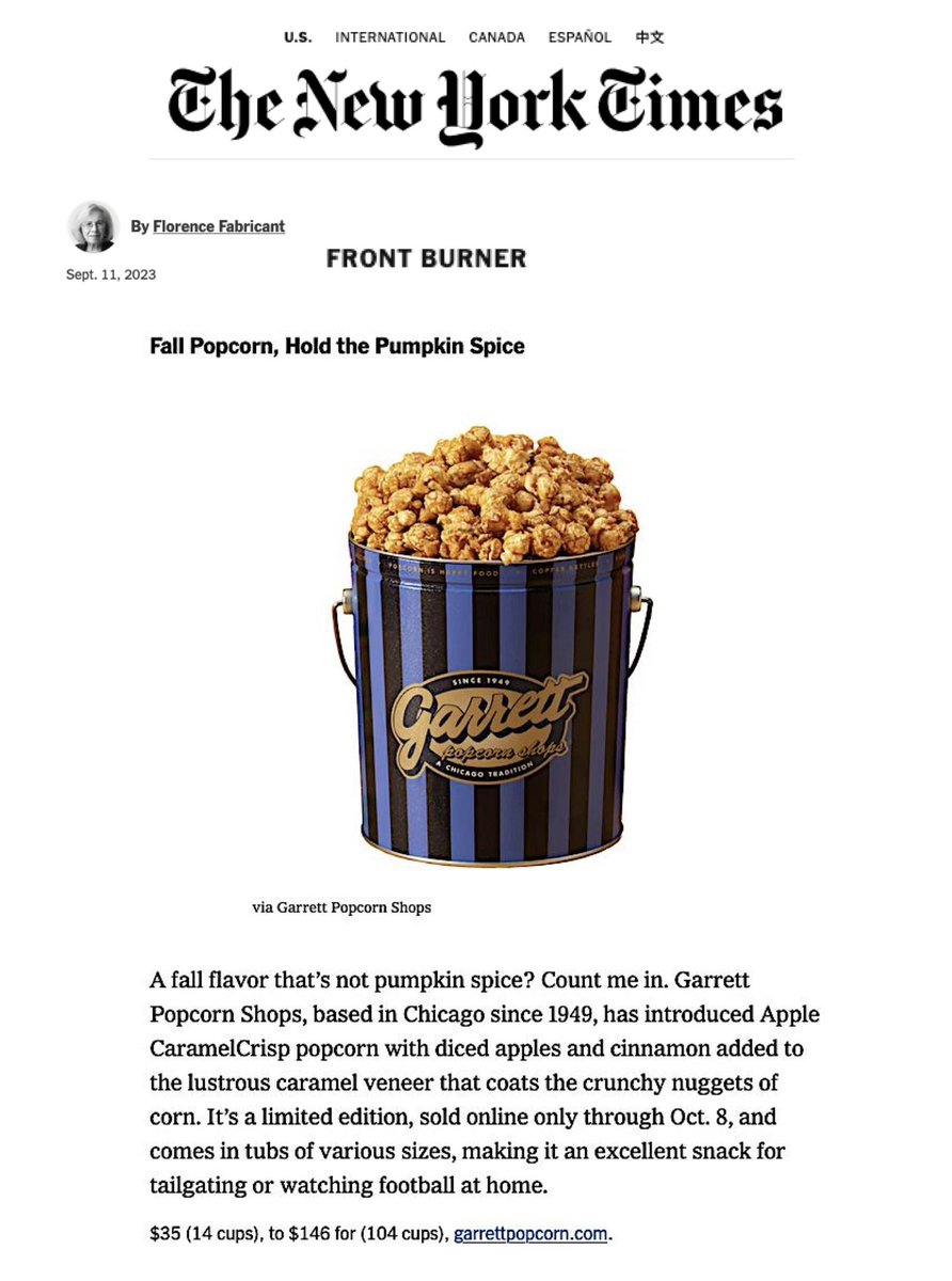 Thanks @nytimes for the feature! Apple CaramelCrisp is the perfect fall recipe 😋 bit.ly/3PAQe7z #garrettpopcorn #applecaramelcrisp
