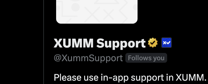 WARNING!

There are fake profiles impersonating not only Xumm Support / XRPL Labs, but even people: pretending to be Xumm employees.

No checkmark? No blue Xumm Icon badge? Not us!!

Please use our in-app Xumm Support xApp: that's the only place where we can't be impersonated.