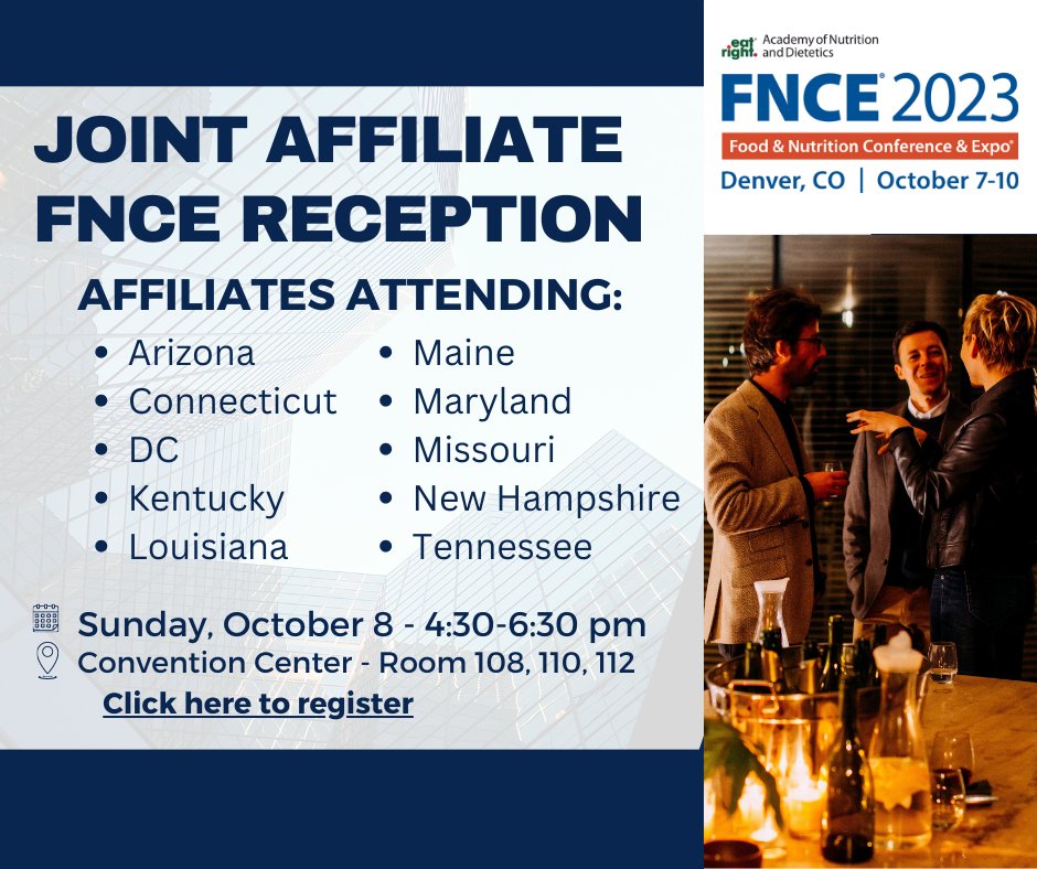 Coming to FNCE? Make sure you mark your calendar for our joint affiliate reception Sunday night! 
Come enjoy light bites with new and old friends and colleagues. Cash bar available. 
Register at ow.ly/AgA950PKRSb. 

#Eatright #Nutritionist #Dietitian #FNCE #FNCE2023