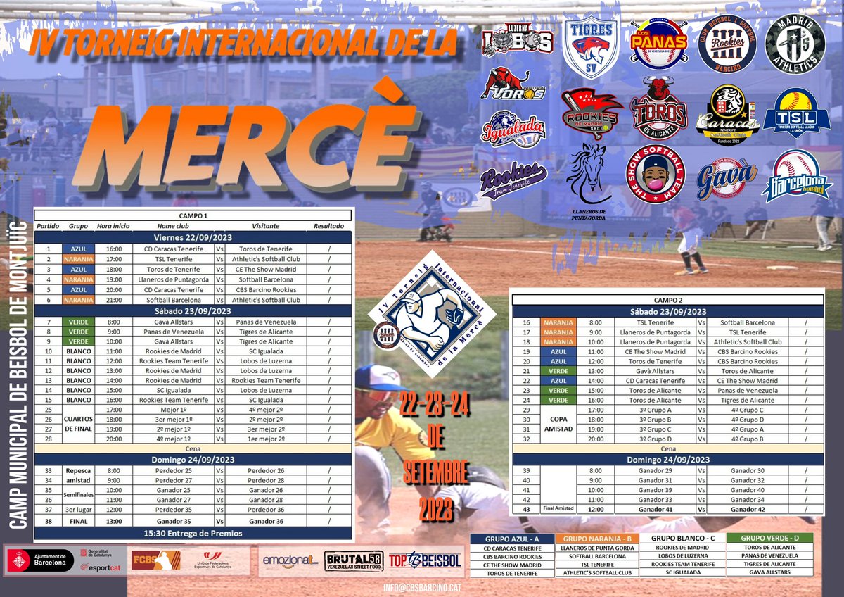 Calendari oficial del Torneig de la Mercè 2023🔵🟠🔵🟠🔵🥎🥎🥎

#FestesMercè #TorneigdelaMercè #softball #seniormasters #Mercè2023 #softbol #Montjuïc #barcelona <a href="/FCBeisbolSofbol/">Beisbol i Softbol Catalunya ⚾️🥎</a> <a href="/BCN_esports/">BCN Esports</a> <a href="/sants3radio/">sants3radio</a> <a href="/BCN_SantsMont/">Districte de Sants-Montjuïc</a> <a href="/emozionat/">emozionat</a> <a href="/UFECcat/">Unió de Federacions Esportives de Catalunya</a>