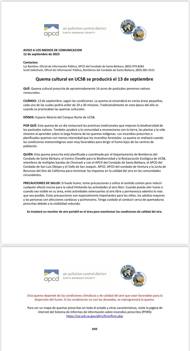 Press Release - UCSB Cultural Burn: 6969 Whittier Dr. - Goleta (North campus open space parking lot.) Interested media should arrive at approximately 10:00am.   Burning start time is weather dependent.  Media encouraged to RSVP.