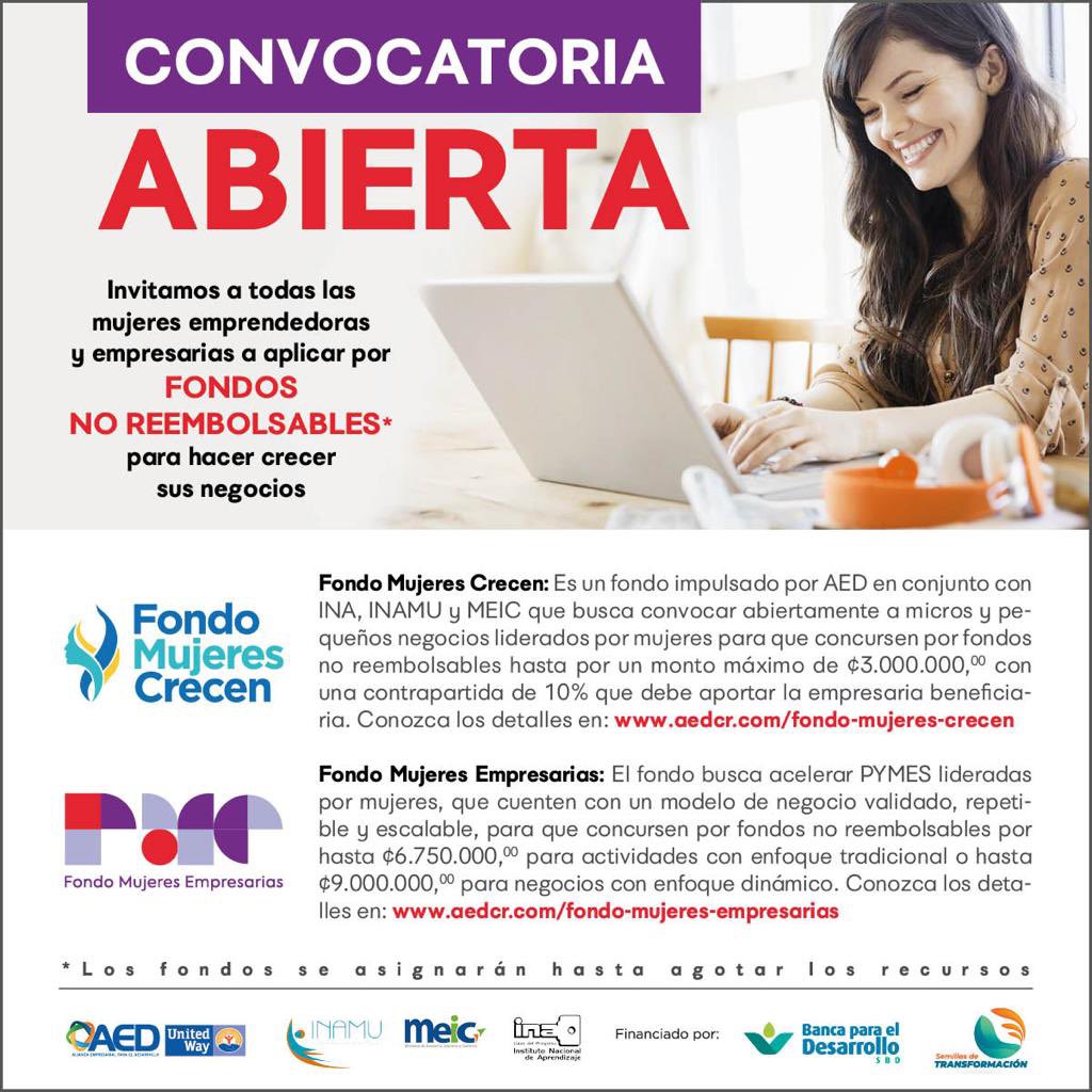 Invitamos a todas las mujeres emprendedoras y empresarias del país a aplicar por Fondos No Reembolsables del Sistema de Banca para el Desarrollo.

Ingrese al enlace: aedcr.com/programa-mujer… y conozca los detalles sobre cuál fondo se ajusta mejor a su negocio.