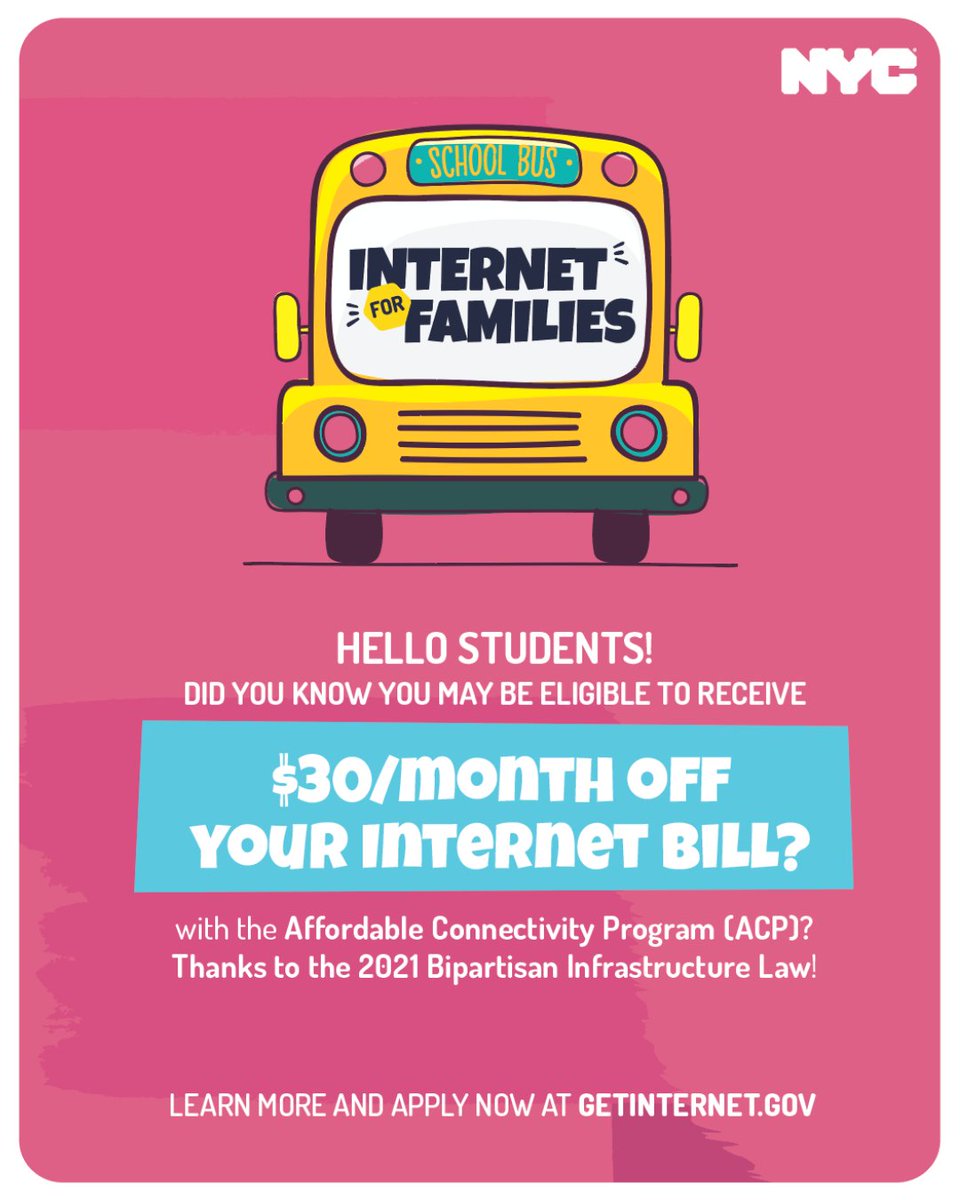 NYCHealthSystem's tweet photo. All #NYC #PublicSchool families can get $30 off their internet. What are you waiting for?!
Apply today: https://t.co/Kw5ADQ7CGR
#BackToSchoolWithACP #ACP20Million #20MConnectedThxToACP @MayorsPEU https://t.co/YcwkZcDcYw