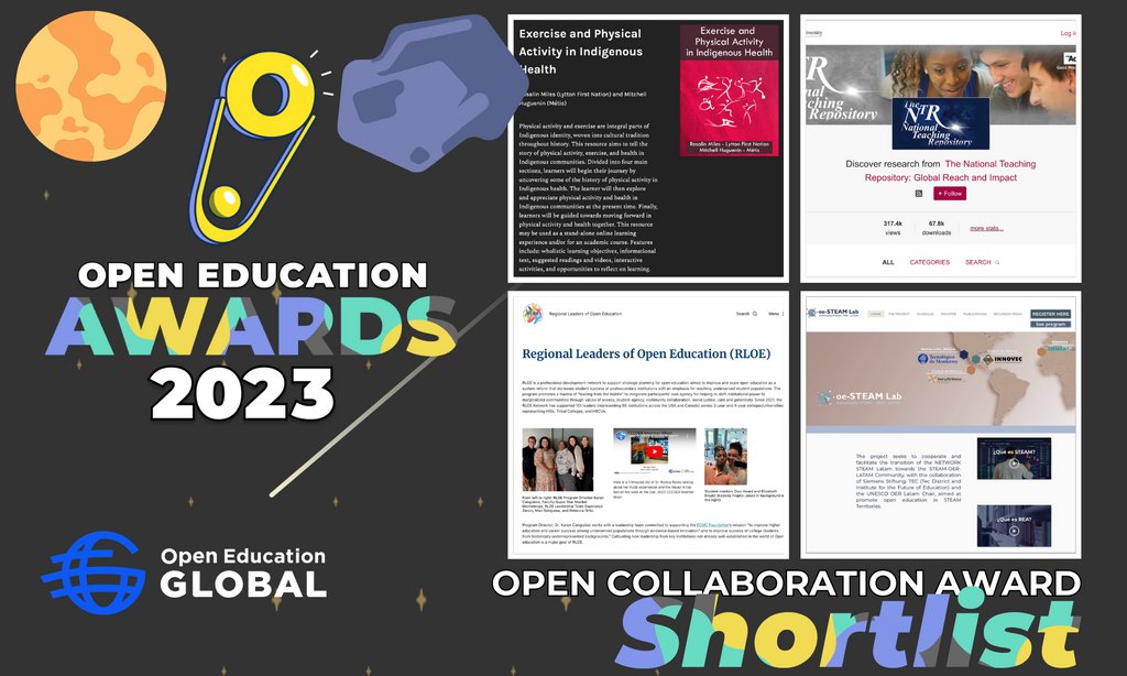 🏆️#OEAwards23 shortlist for #OpenCollaboration Award

👉️ Regional Leaders of Open Education <a href="/cccoer/">CCCOER</a>
👉️ <a href="/NTRepository/">The National Teaching Repository</a>
👉️ STEAM OER LATAM
👉️ Exercise and Physical Activity in Indigenous Health

Winners announced #OEGLive
🗓️ Tomorrow 17:00 UTC
📺️ oeg.pub/OEGLive11