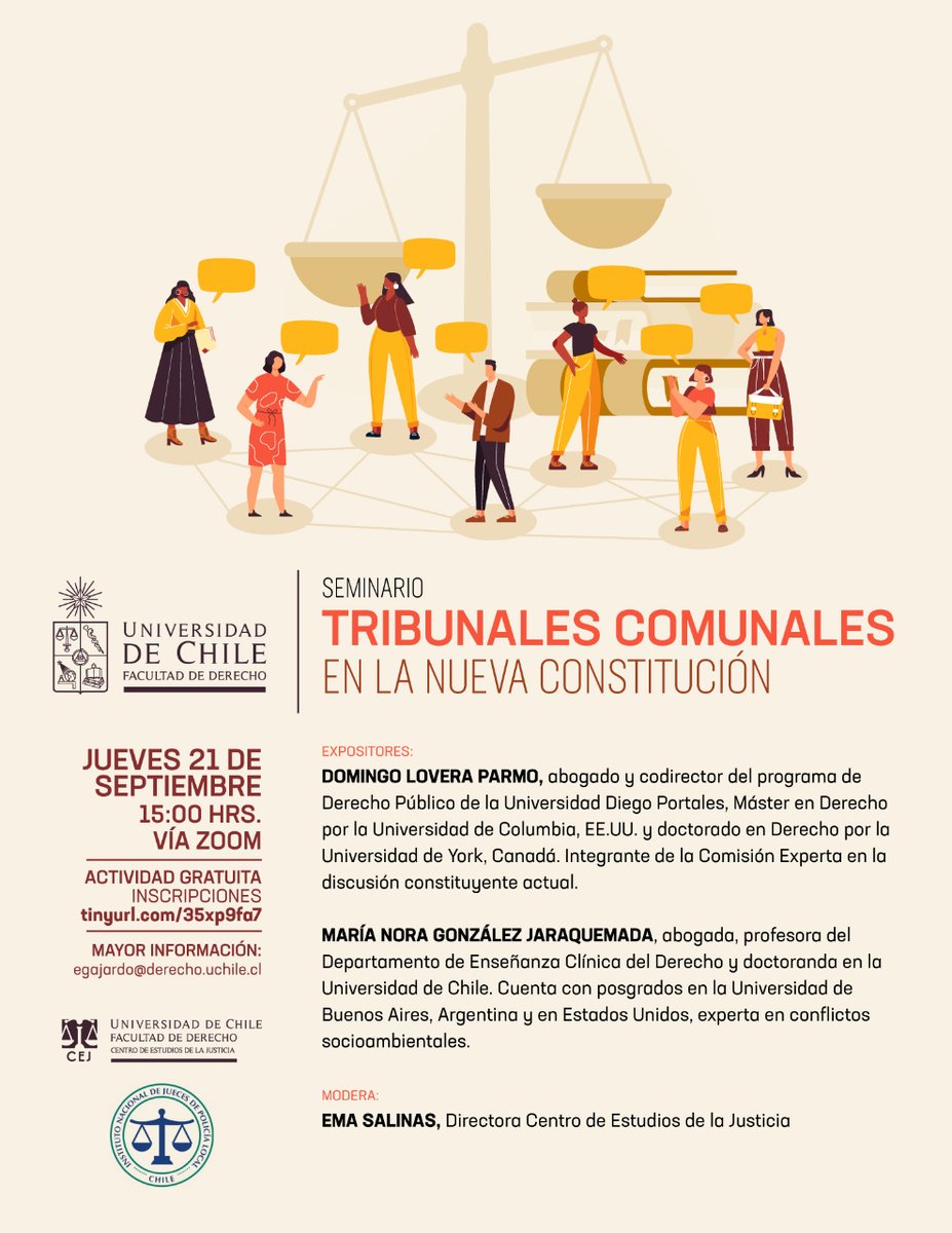 derechouchile's tweet photo. #Agenda | Seminario "Tribunales comunales en la nueva Constitución"

Con Domingo Lovera, María Nora González y Ema Salinas

📅⌚Jueves 21 de septiembre a las 15:00 hrs. 

💻Inscripción Zoom:https://t.co/w8NPYSfND9

🔗Revisa los detalles aquí👉https://t.co/xZKj1xnC0X https://t.co/xPXS3GcKZt