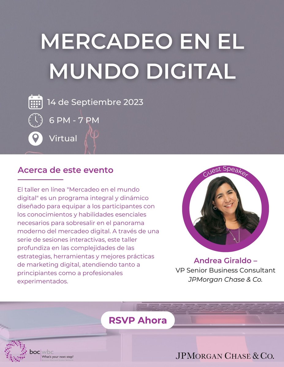 BOC_WBC's tweet photo. Únase a BOC y JPMorgan Chase &amp; Co. este jueves 14 de septiembre para aprender sobre las habilidades modernas de marketing digital que pueden ayudarlo con su negocio. ¡Haga click en el enlace a continuación para registrarse en "Mercadeo en el mundo digital"! #smallbiznyc https://t.co/Sls6CU7B6J
