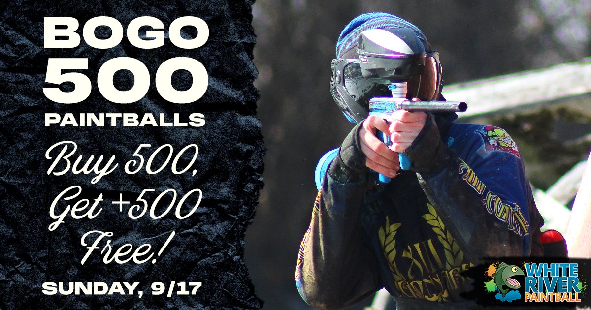 WRPaintball's tweet photo. This Sunday (09/17), when you purchase a pack of 500 paintballs, we’ll give you another 500 for free!  Get the promo code online at: https://t.co/wTbAbLKtMt

#WhiteRiverPaintball #Paintball #PaintballField #Free #OpenPlay #AndersonIN #Specials https://t.co/MxR7dUg10n