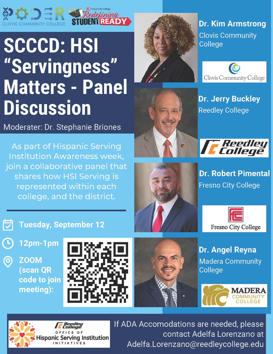 SCCCD's tweet image. Join us for the SCCCD: HSI "Servingness" Matters - Panel Discussion from 12-1 pm. As part of Hispanic Serving Institution Awareness Week, join a collaborative panel that shares how HSI Serving is represented within each college, &amp;amp; the district:  scccd.zoom.us/s/81962192714 #HSIsWeek