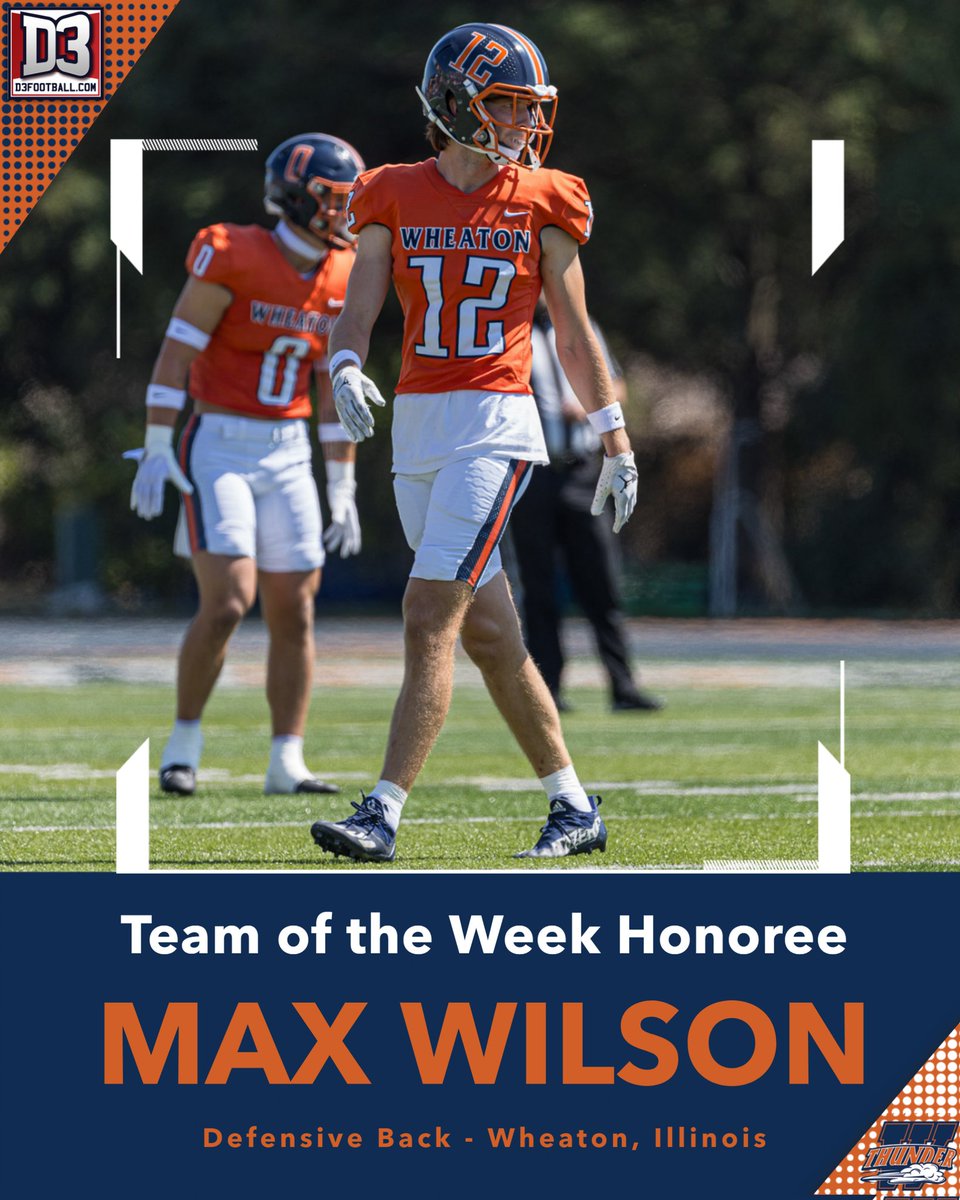 After his two-interception performance helped the Thunder seal a big win on Saturday, <a href="/WheatonFB/">Wheaton Football</a> 's Max Wilson has been named to the D3football.com Team of the Week! 
#LetsRoll