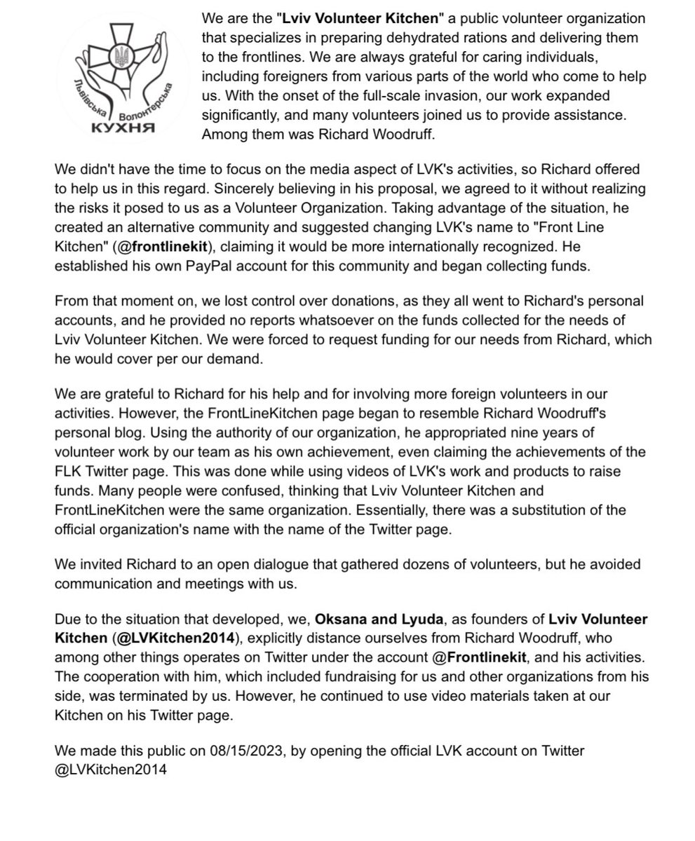 LVKitchen2014's tweet photo. 🇺🇦Official note from Lviv Volunteer Kitchen Founders🇺🇦
Transparency and a clear understanding of our volunteer activities have always been our main goal
This is our explanation of the situation that happened with the @frontlinekit ACC

#NAFO #NAFOfella #LVKitchen2014 #Volunteers https://t.co/lgUwCmsYxV