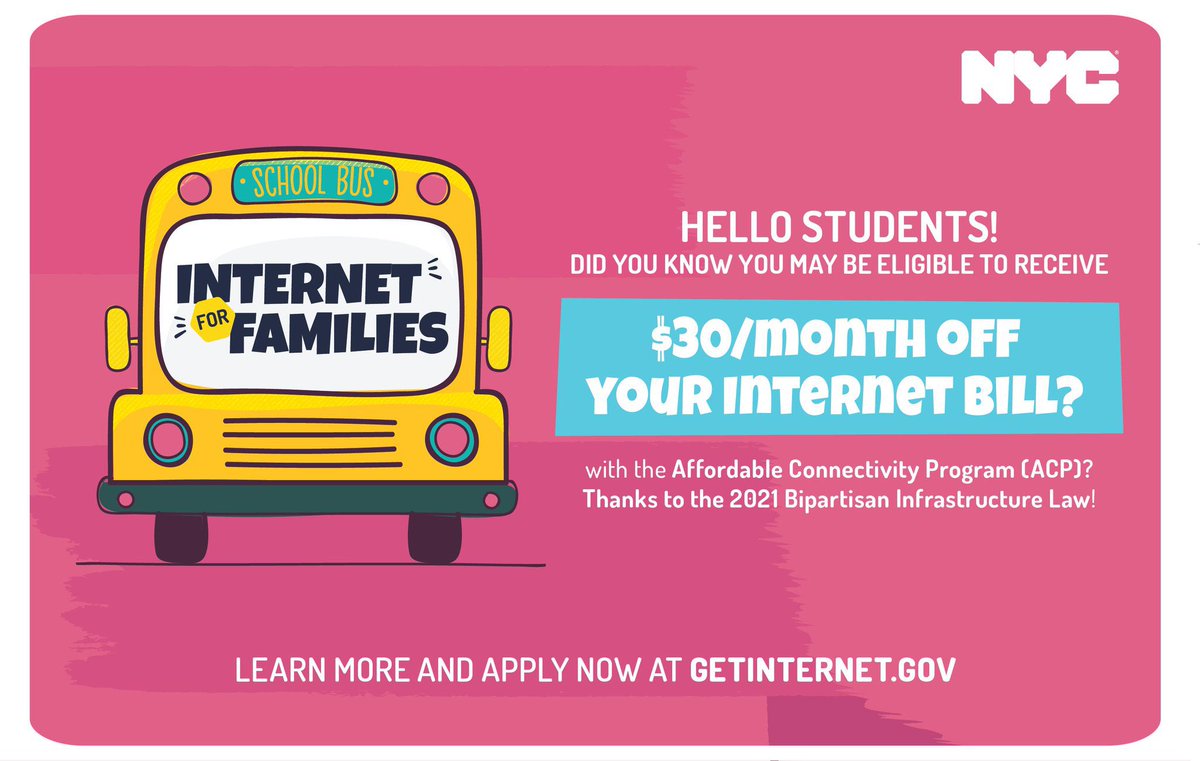 nycpa's tweet photo. Access to affordable internet at home is critical for our young learners.
The Affordable Connectivity Program is working to close the #HomeworkGap by providing reduced-cost internet to NYC public school families.
Apply: https://t.co/mZjKCRXTDK @MayorsPEU
#BackToSchoolWithACP https://t.co/mAGnBRBrxS