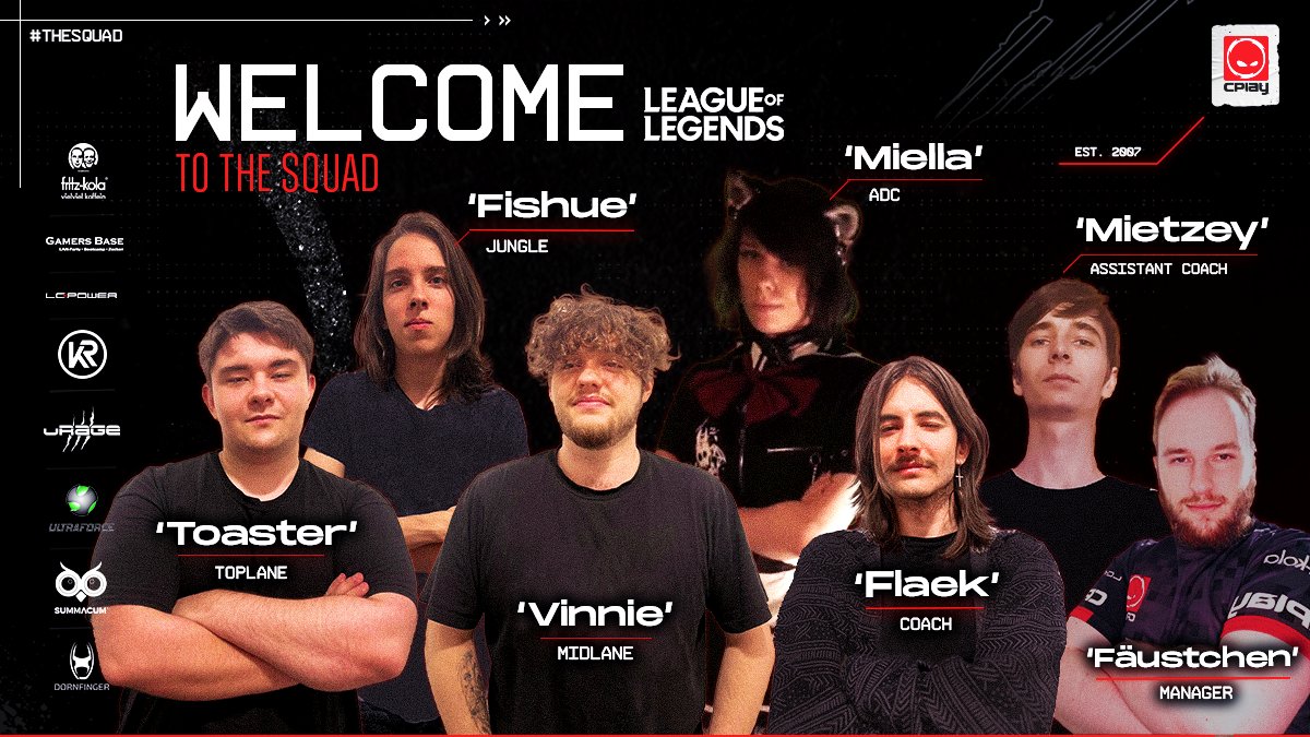 It's official! Unser neues #LoL Lineup in der Div4!🔥

Unser allerliebster Headcoach &amp; die Topside bleiben vom letzten Split, wir können außerdem <a href="/CatgirlMiella/">SK Miella</a> (ADC), @LeMehzeh (Assistant Coach) &amp; @Faustchen (Manager) willkommen heißen!

Wir freuen uns sehr auf euch!❤️
#THESQUAD