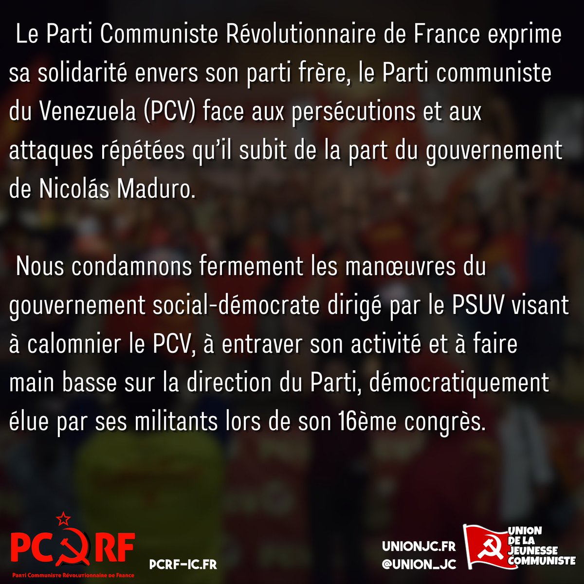 union_jc's tweet photo. 🔴#Venezuela : déclaration de soutien au Parti Communiste du Venezuela (@PCV_Venezuela) menacé d'interdiction 
(1/2)

#Maduro #psuv #pcv https://t.co/9SX8UUF03w