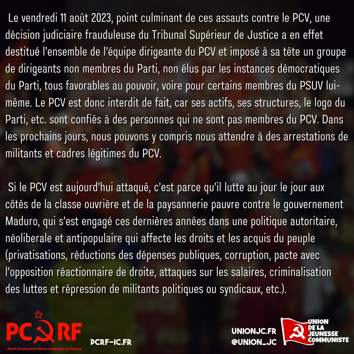 union_jc's tweet photo. 🔴#Venezuela : déclaration de soutien au Parti Communiste du Venezuela (@PCV_Venezuela) menacé d'interdiction 
(1/2)

#Maduro #psuv #pcv https://t.co/9SX8UUF03w