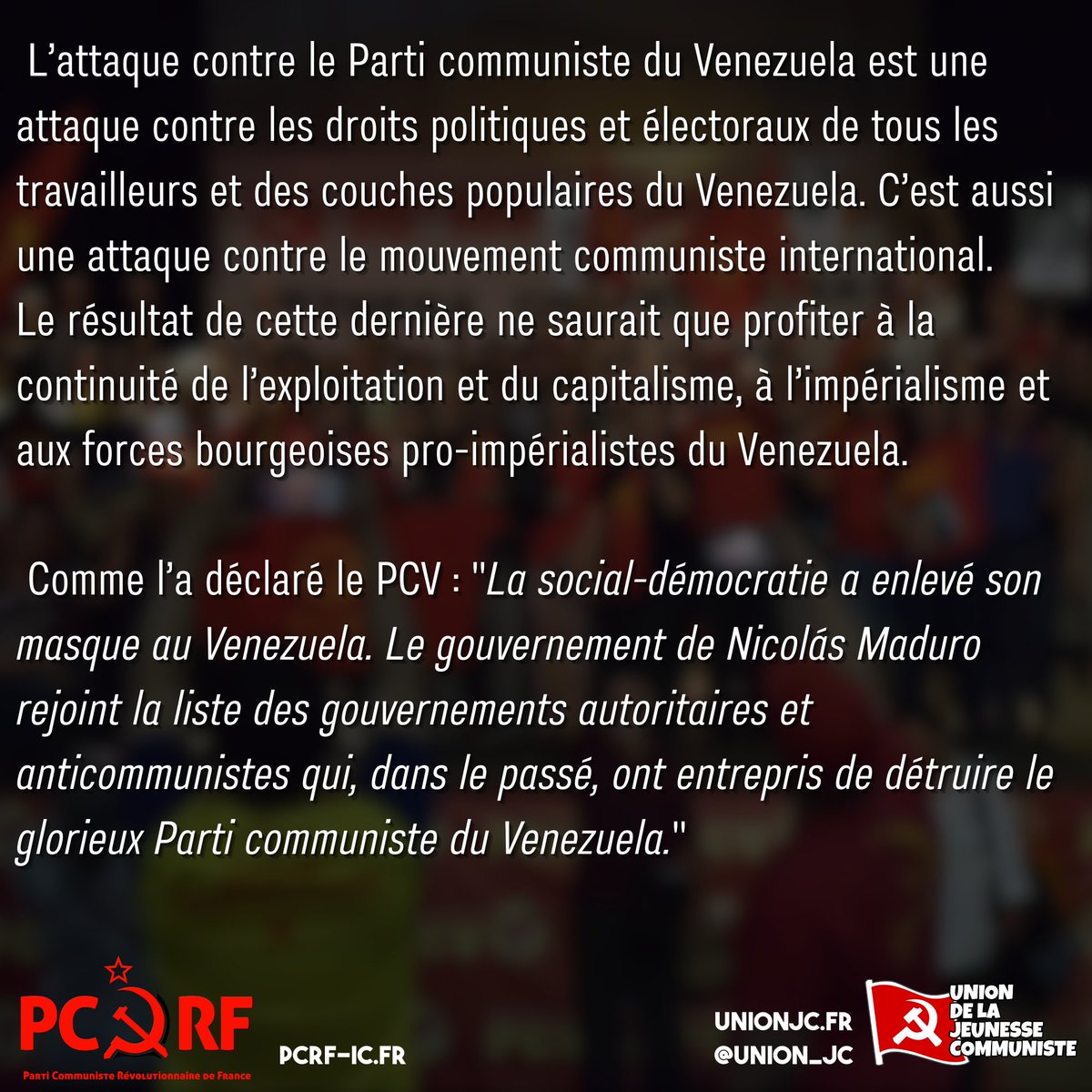 union_jc's tweet photo. 🔴#Venezuela : déclaration de soutien au Parti Communiste du Venezuela (@PCV_Venezuela) menacé d'interdiction 
(1/2)

#Maduro #psuv #pcv https://t.co/9SX8UUF03w