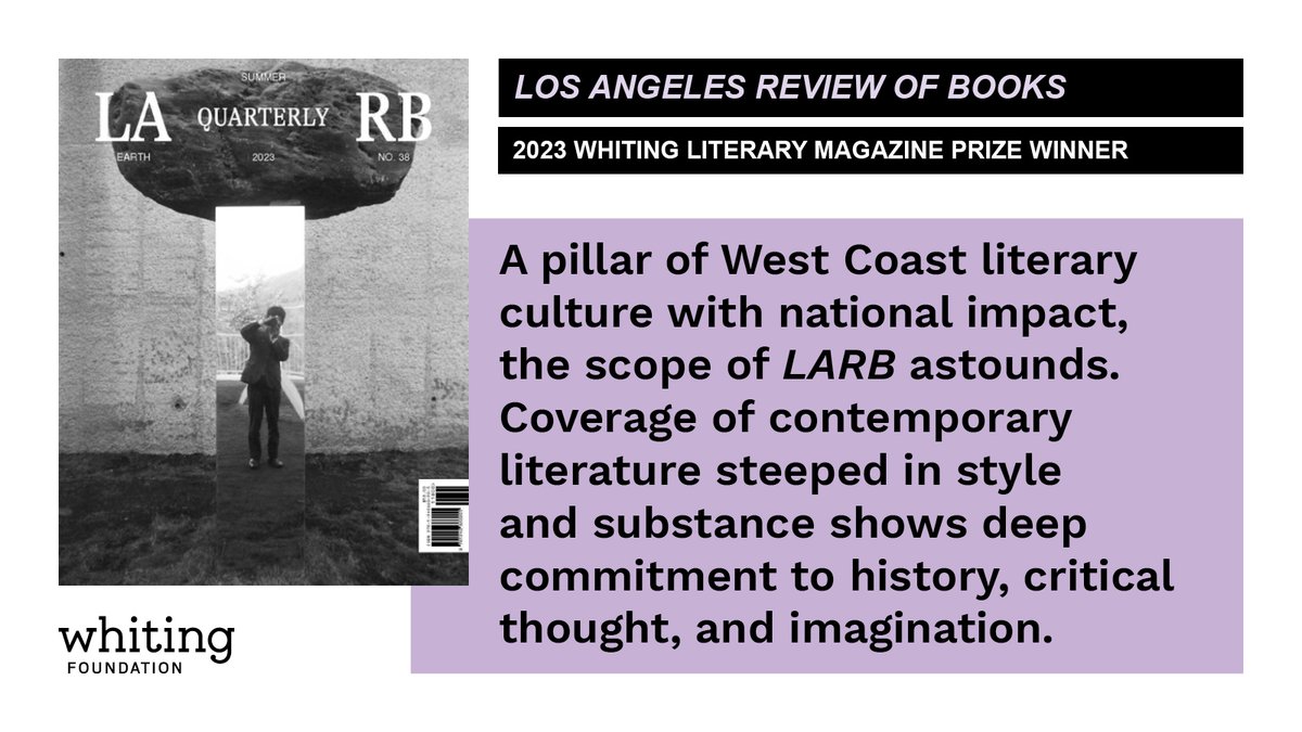 Los Angeles Review of Books (@lareviewofbooks) on Twitter photo Huge news!! We're thrilled to be one of the recipients of the 2023 Whiting Literary Magazine Prize. An enormous thank you to <a href="/WhitingFdn/">Whiting Foundation</a> and our community of readers, members, and lit lovers ā we couldnāt have done it without you! whiting.org/writers/whitin⦠Huge news!! We're thrilled to be one of the recipients of the 2023 Whiting Literary Magazine Prize. An enormous thank you to <a href="/WhitingFdn/">Whiting Foundation</a> and our community of readers, members, and lit lovers ā we couldnāt have done it without you! whiting.org/writers/whitinā¦