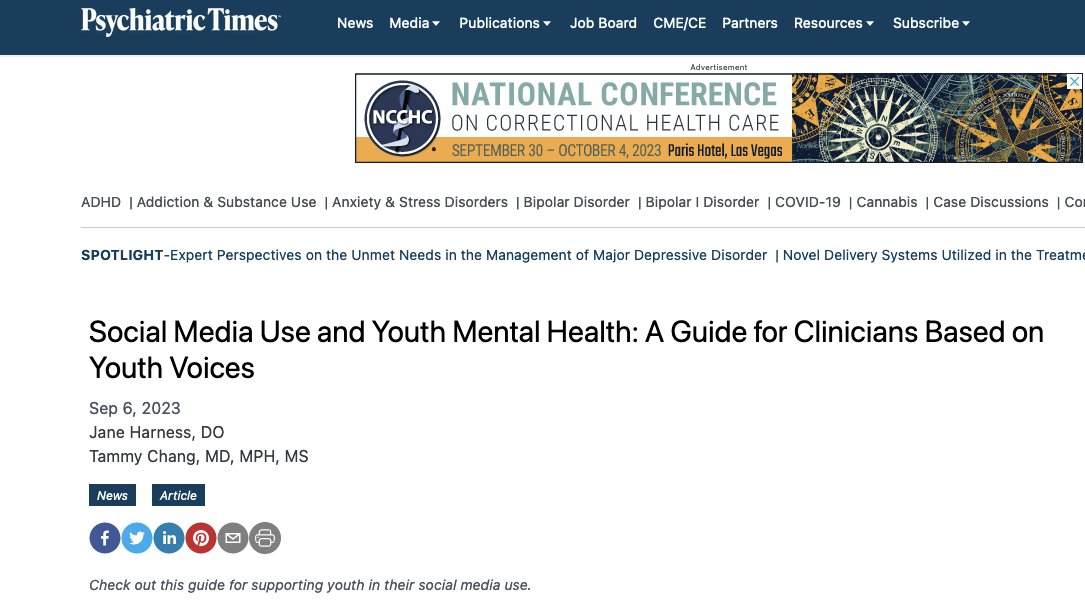 U-M Family Medicine (@umfamilymed) on Twitter photo Assoc. Prof <a href="/chang_tammy/">Tammy Chang</a> and Clinical Asst. Prof <a href="/JaneHarness9/">Jane Harness DO</a> have co-authored a guide for clinicians on how to support young people's mental health and social media use - based on youth feedback. Read the guide in <a href="/PsychTimes/">Psychiatric Times</a> <a href="/MyVoiceYouth/">MyVoice</a> bit.ly/3Lkl2qy Assoc. Prof <a href="/chang_tammy/">Tammy Chang</a> and Clinical Asst. Prof <a href="/JaneHarness9/">Jane Harness DO</a> have co-authored a guide for clinicians on how to support young people's mental health and social media use - based on youth feedback. Read the guide in <a href="/PsychTimes/">Psychiatric Times</a> <a href="/MyVoiceYouth/">MyVoice</a> bit.ly/3Lkl2qy