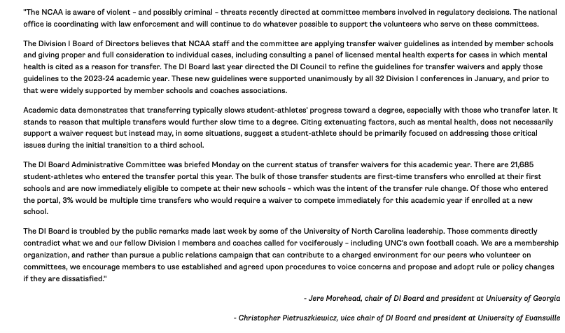 NicoleAuerbach's tweet image. The NCAA's Division I Board puts out a statement, saying that committee members have been threatened over transfer waiver policies &amp;amp; adding that the board is "troubled" by UNC's public remarks: