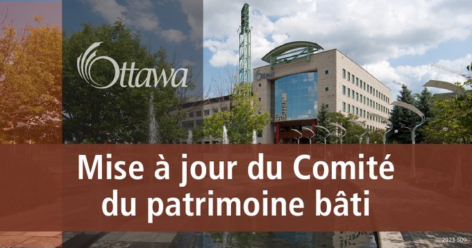 Illustration sur laquelle on aperçoit l’hôtel de ville d’Ottawa à l’arrière-plan. Au premier plan figurent un trait gris vertical et un trait brun horizontal. L’inscription « Mise à jour du Comité du patrimoine bâti » est au centre.