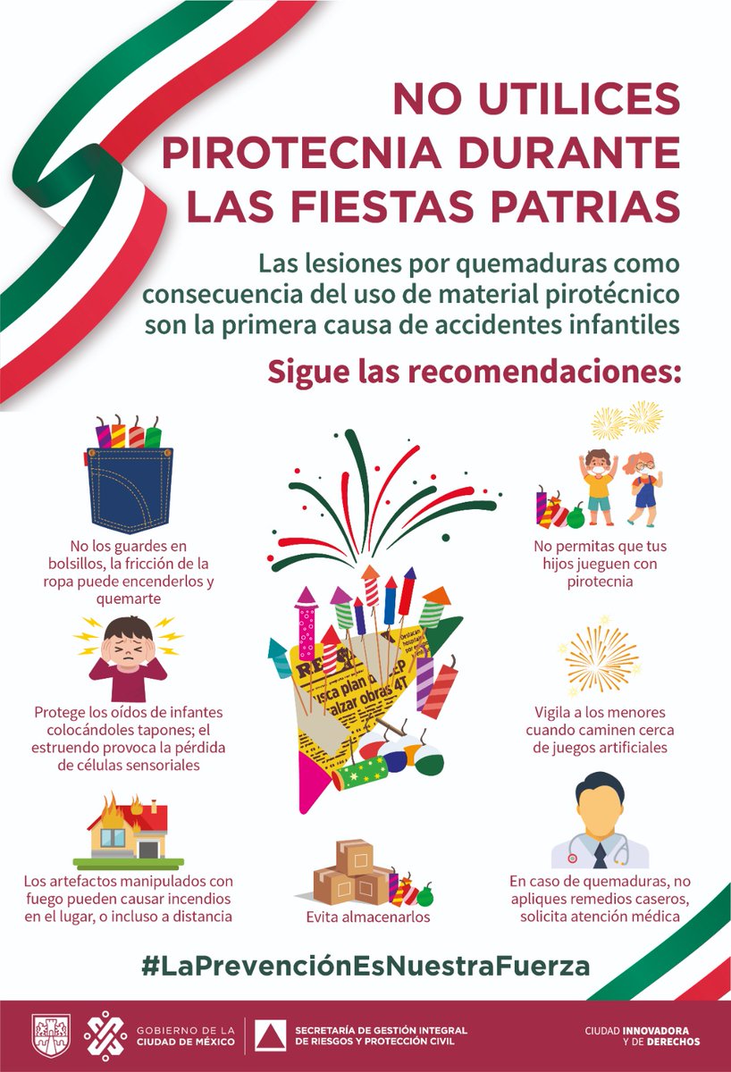 SGIRPC_CDMX's tweet photo. En estas fiestas patrias, no utilices #pirotecnia.

🔴No permitas que tus hijos jueguen con pirotecnia
🔴Protege los oídos de los niños
🔴Vigila a los menores cuando caminen cerca de pirotecnia
🔴En caso de quemadura, acude al médico

#LaPrevenciónEsNuestraFuerza https://t.co/YVaIblRpoT