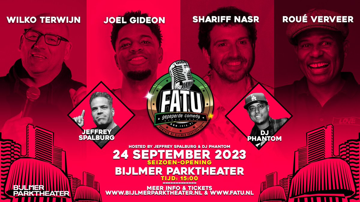 fatucomedy's tweet photo. Bam! En we zijn weer terug! Vier onze opening met ons mee. Alweer ons 19e(!) seizoen. Nieuwe huisstijl, nieuwe namen @WilkoTerwijn #joëlgideon @ShariffNasr @roueverveer 
En natuurlijk met jullie host with the most @SpallieJ en zijn parter in crime #DJPhantom 
Zie je dan! @BPTZO https://t.co/GyAKyh97PD