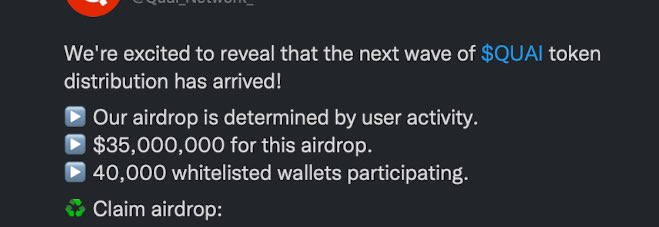🚨STRANGER DANGER ALERT🚨

Beware of FAKE $QUAI AIRDROPS.

No airdrop announcements have been ever made by the core team.

<a href="/QuaiNetwork/">Quai Network ⚡️💵</a> is the only legitimate account by the team.

Stay safe kids! 😎