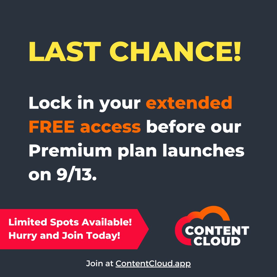 LAST CHANCE!!! Lock in your extended free access to Content Cloud before our premium plan launches tomorrow (9/13)! Sign up today: hubs.li/Q021S-100

#contentcreators #contentcreator #contentcreatortips #contentcreation #socialmediatools