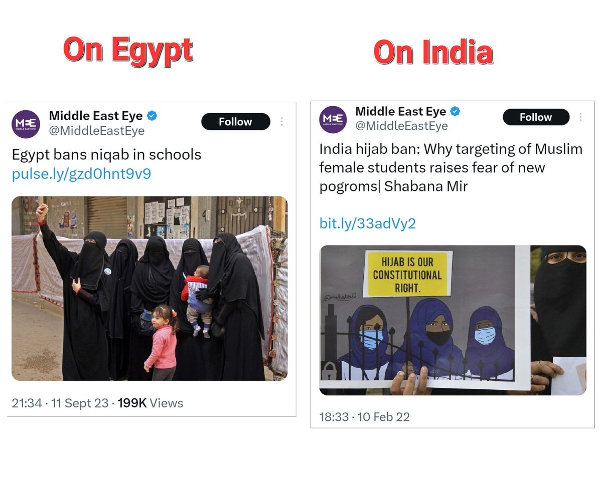 AskAnshul's tweet photo. Egypt has now banned the niqab in schools. This is just a news. No issue. Ok

But in India, when some girls protested against dress code of schools/colleges in Karnataka &amp; demanded hijab. Then, it was target &amp; Islamophobia

Now, why is 'Middle East Eye' not opening both its eyes? https://t.co/VBtqlKV4tB