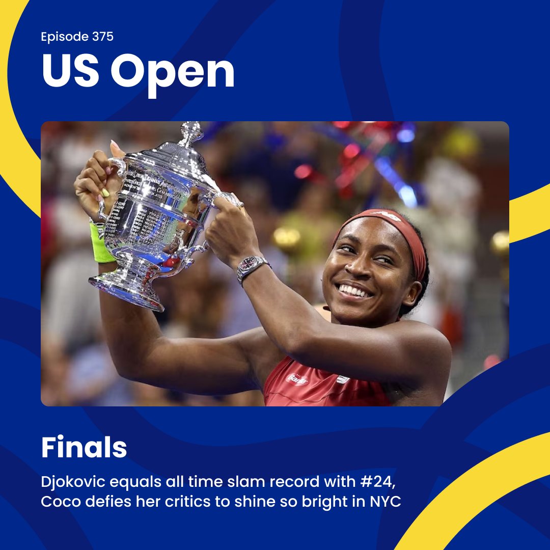 tennisweeklypod's tweet photo. 🎧 NEW POD // #USOPENFINALS  

🎾 #Djokovic equals slam record at #24 and targets the calendar Grand Slam in 2024, Coco #Gauff caps off incredible summer swing with first slam title + doubles No.1 ranking

Listen 👇
Apple - https://t.co/5VviTJOMVR
Spotify - https://t.co/bzCfnpJeZh
YouTube - https://t.co/OuEO7o7v5O

#USOpen2023