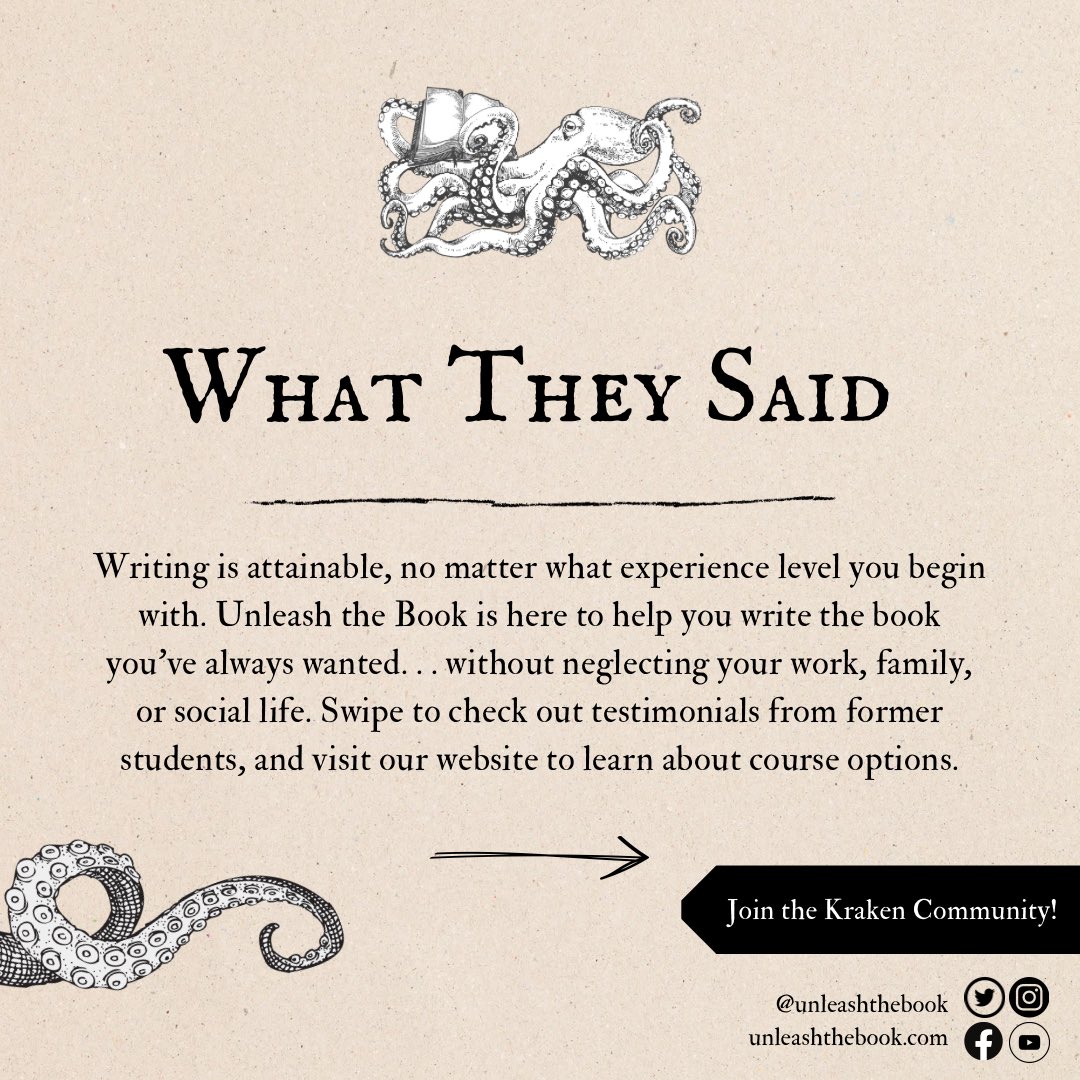 BookUnleash's tweet photo. Join the Kraken Community! Swipe to hear some of our testimonials from former and current students. Visit our website https://t.co/Q2aPsWhgyG and learn about upcoming courses on Zoom!

#writing #writingcommunity #creativity #novelwriting #workshop https://t.co/fBVV1nU2QS