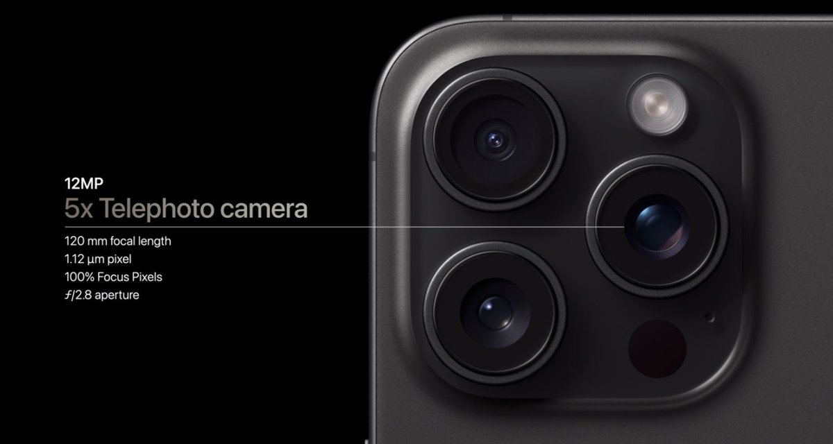 iPhone 15 Pro has some impressive new focal length settings that let you choose between 24mm, 28mm and 35mm options. There is still a 3x telephoto on the Pro, but on Pro Max there is a 5X telephoto. 

Apple is once again flexing its camera and software muscles here. #AppleEvent