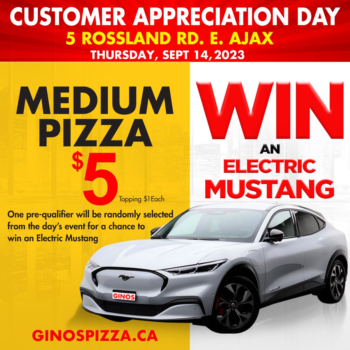 Join the fun at our #CustomerAppreciationDay! 🙌

We're rolling out the red carpet to celebrate YOU - our incredible patrons. Save the date: September 14, 2023. Delicious treats, exciting opportunities, and a shot at winning an Electric Mustang await! 🚗🍕