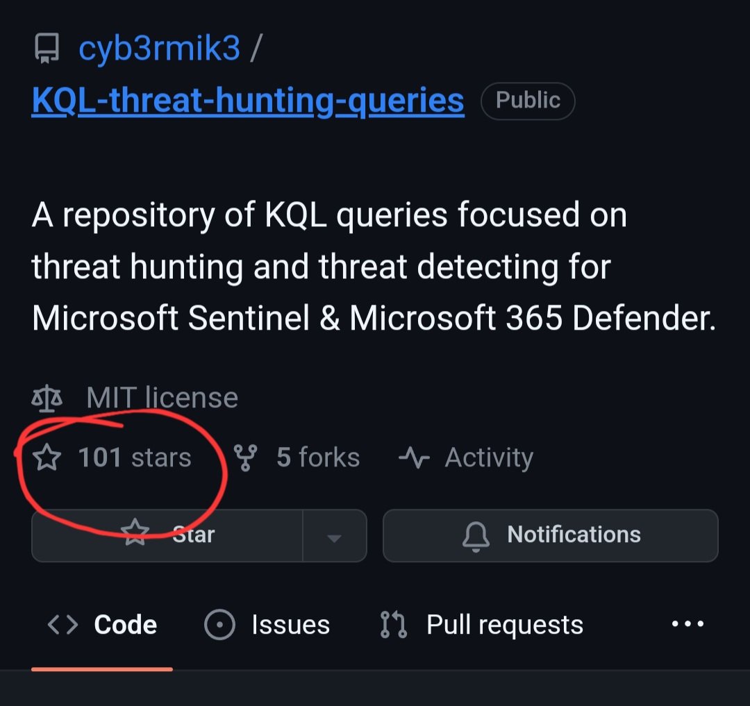 Cyb3rMik3's tweet image. 100 and 1 ⭐️ for my #KQL repo!

A big thank you, let&apos;s keep contributing and advancing defences for #MicrosoftSentinel &amp;amp; #Microsoft365Defender

But most important... ⬇️